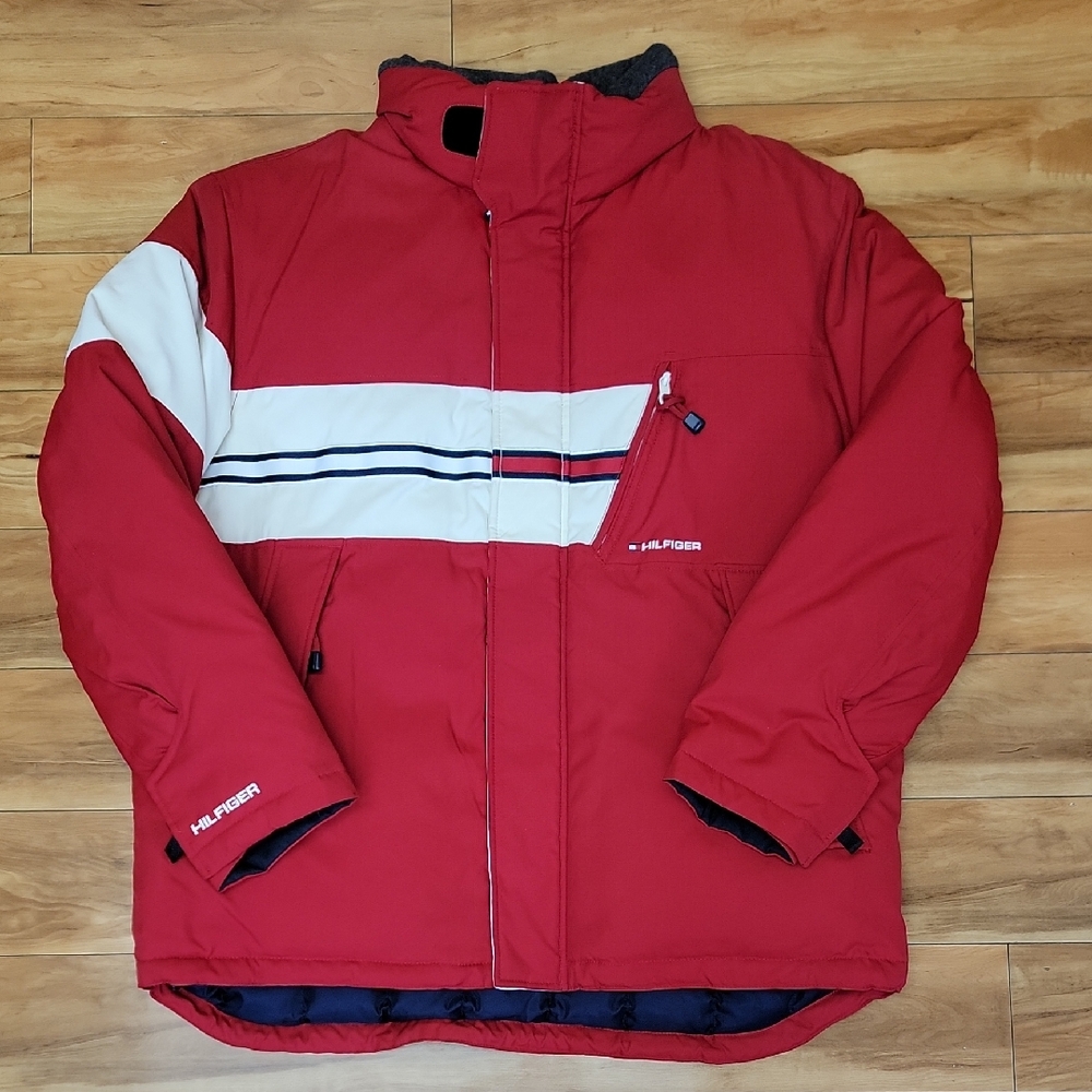Vintage Tommy Hilfiger Red Block Stripe Puffer Winter Coat Sixe XL 2001 Y2K EUC